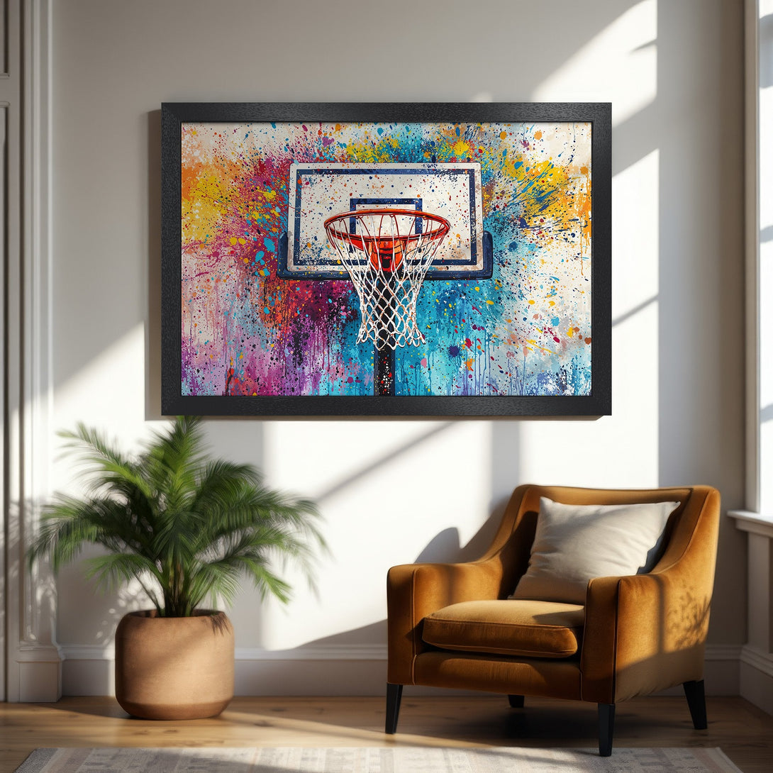 Framed Poster: Basketball hoop art with vibrant, abstract paint splatter. Features a colorful palette of blue, red, yellow, & purple. Perfect wall decor!