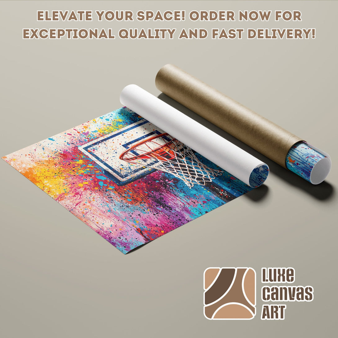 Poster Roll featuring a basketball hoop in a colorful, abstract splatter style. Vibrant palette.
