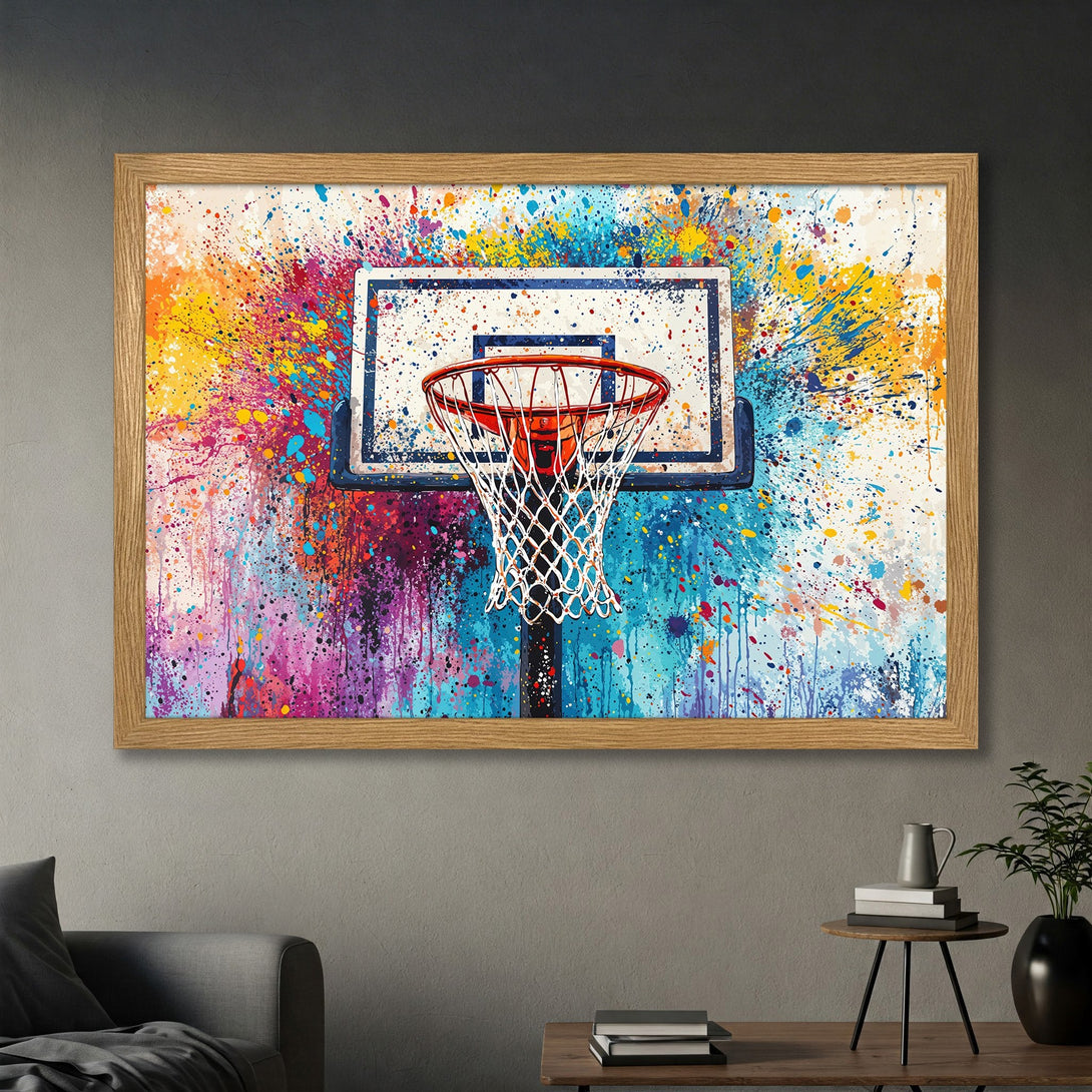 Framed Poster featuring a vibrant basketball hoop art print. Colorful abstract style with a bold, energetic splash of blues, yellows, and reds.