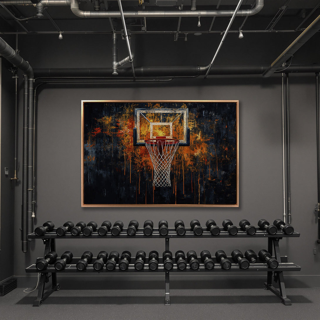 Framed Wall Art: Abstract basketball hoop art with a dark, moody palette of orange, black, and blue. Perfect for a gym or modern space.