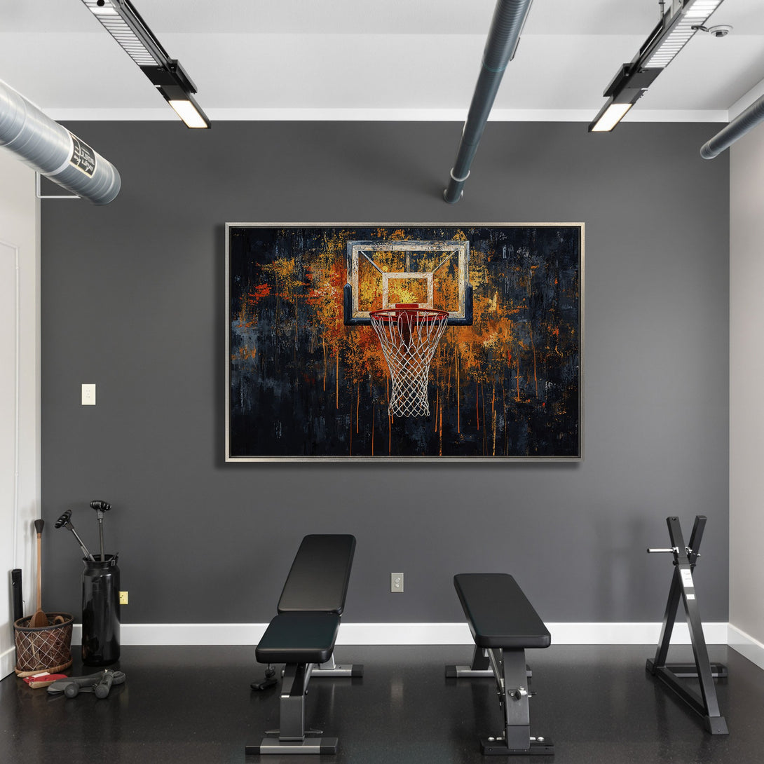 Framed Wall Art: Abstract basketball hoop canvas print in a modern gym, featuring a dark, orange, and black color palette. Elevate your space!