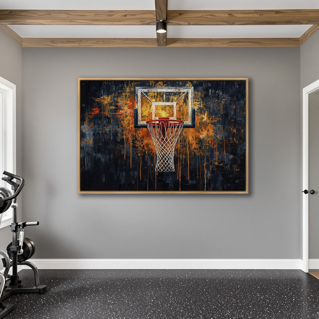 Framed Wall Art: Abstract basketball hoop art in a modern style. Features a dark, orange, and blue color palette. Perfect for gym decor!
