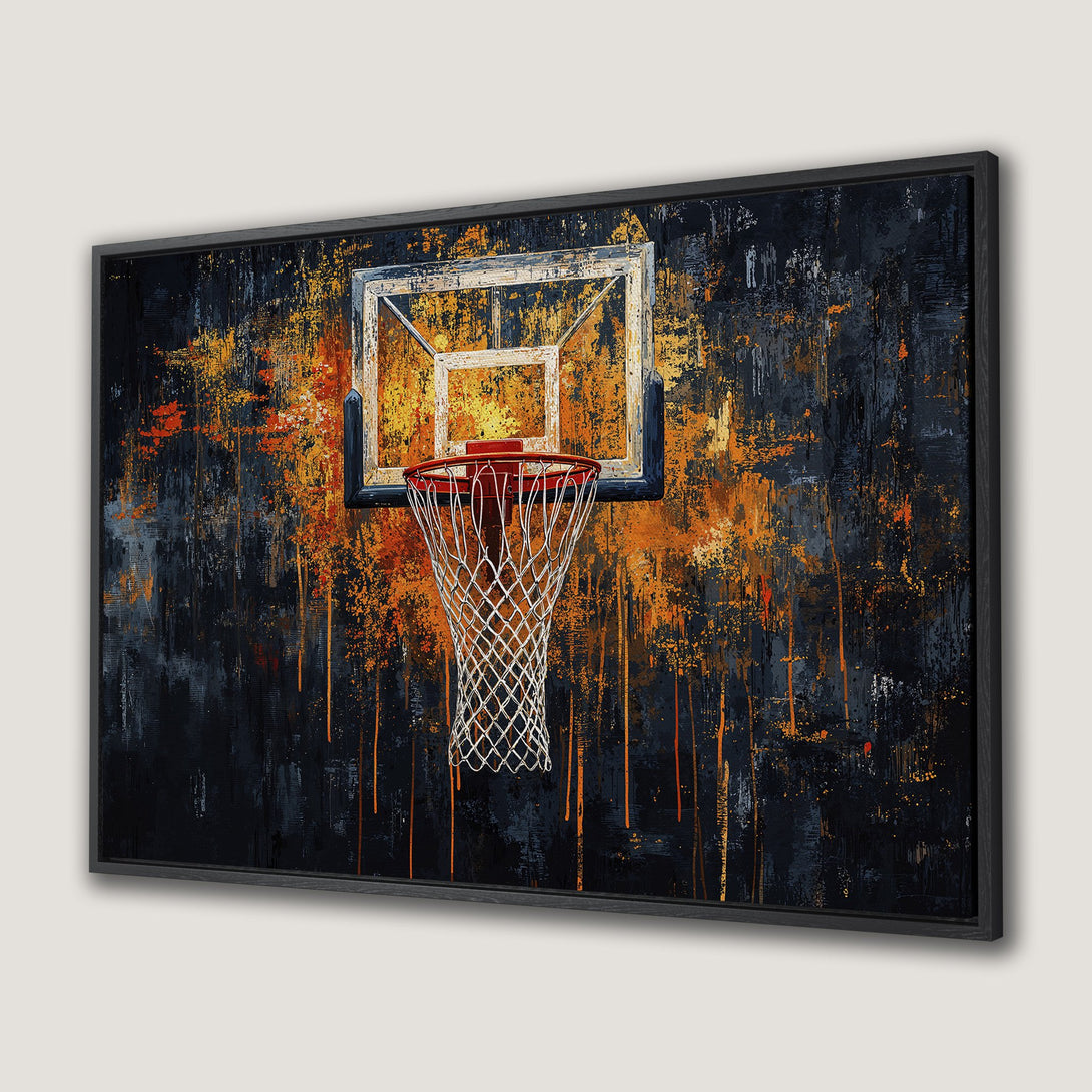 Framed Wall Art featuring an abstract basketball hoop. Modern art style with a dark, orange, and blue color palette. Perfect wall decor for sports fans.