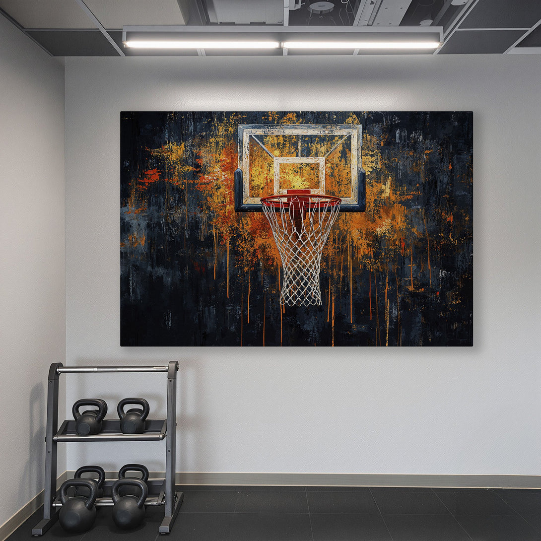 Framed Wall Art: Abstract basketball hoop art in a gym, featuring a black, orange, and gray color palette. Elevate your space with this unique canvas print.
