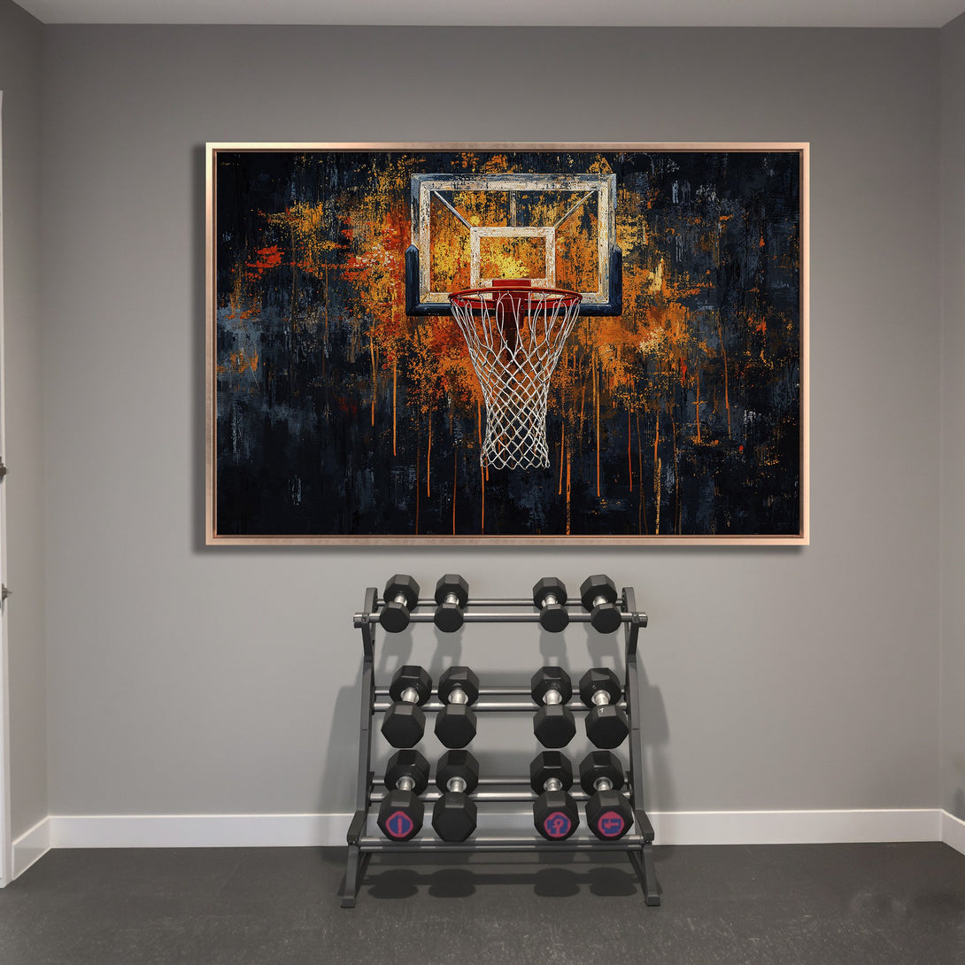 Framed Wall Art: Abstract basketball hoop art in a gym setting. Dark, orange, and blue color palette. Perfect for sports enthusiasts!