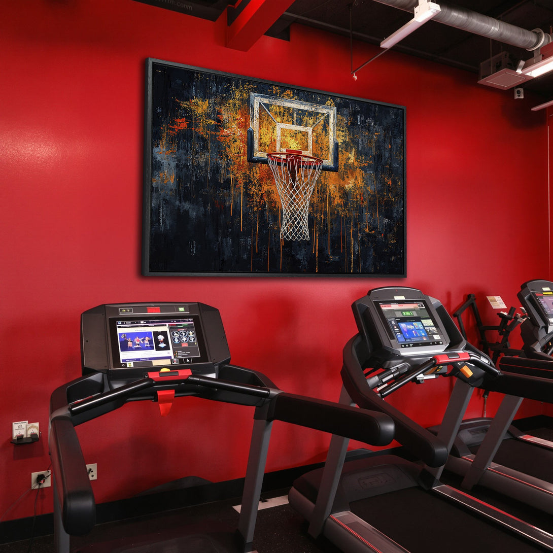 Framed Wall Art: Abstract basketball hoop art in black, orange, and blue. Adds a modern touch to any space. Perfect for gym or home decor.