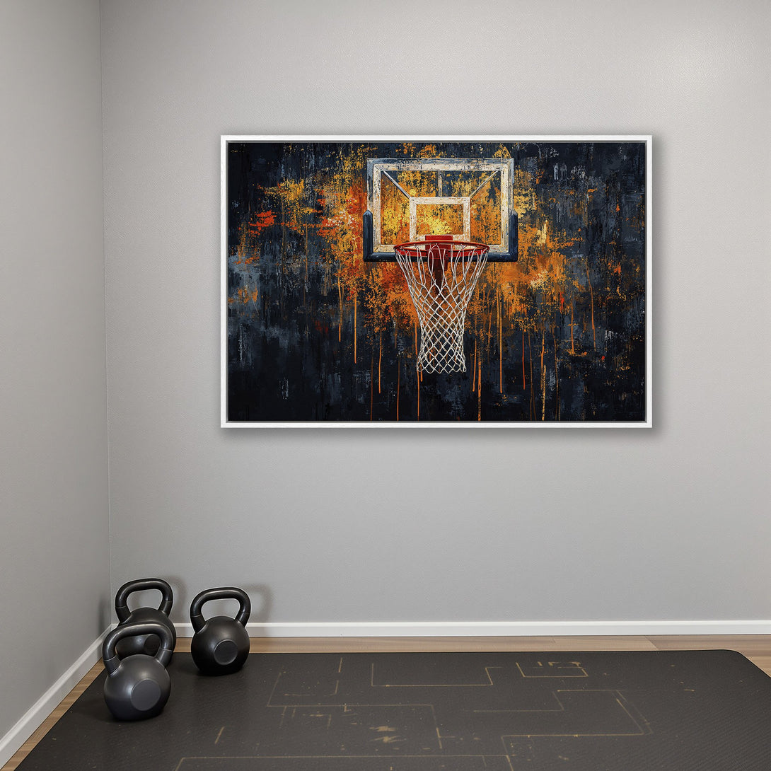 Framed Wall Art: Abstract basketball hoop art with a dark, moody palette of black, orange, and blue. Modern decor for home gyms or sports enthusiasts.