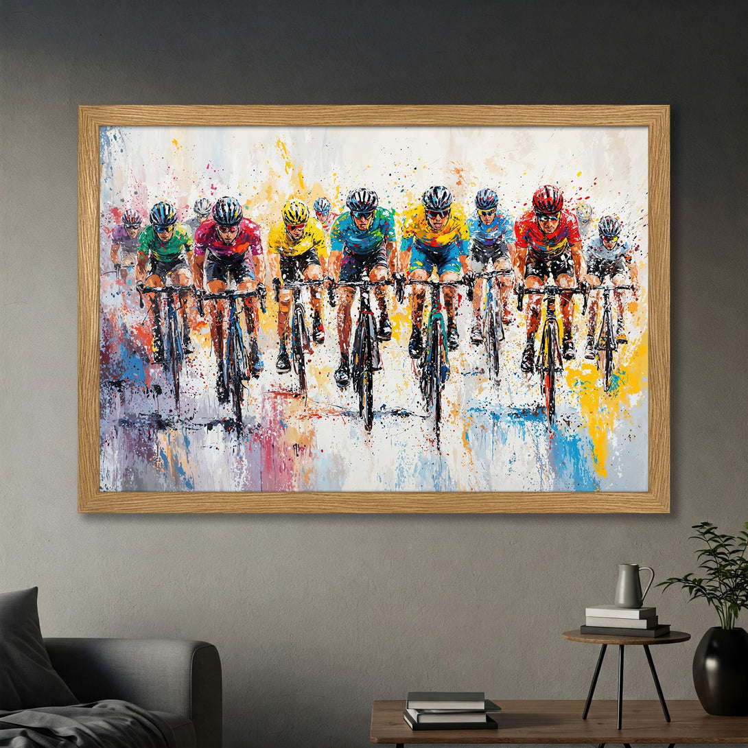 Framed Poster of cyclists in vibrant, abstract style. Colorful artwork with a dynamic, energetic feel. Perfect wall art!
