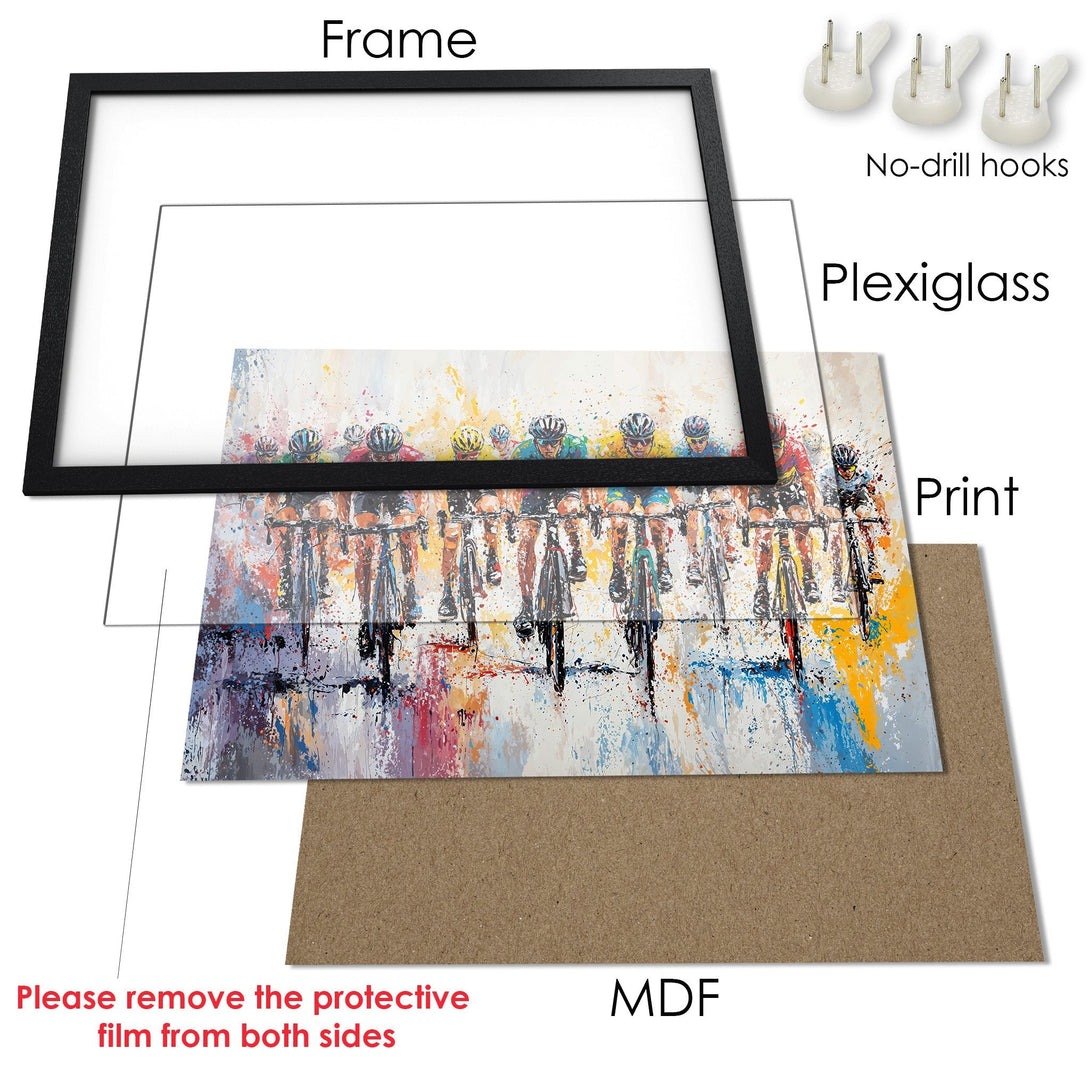 Framed Poster of cyclists in an abstract style with a colorful palette. Perfect wall art for your home!