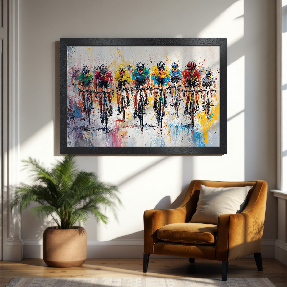 Framed Poster of cyclists in action, vibrant abstract style, colorful palette. Perfect wall art for sports fans!