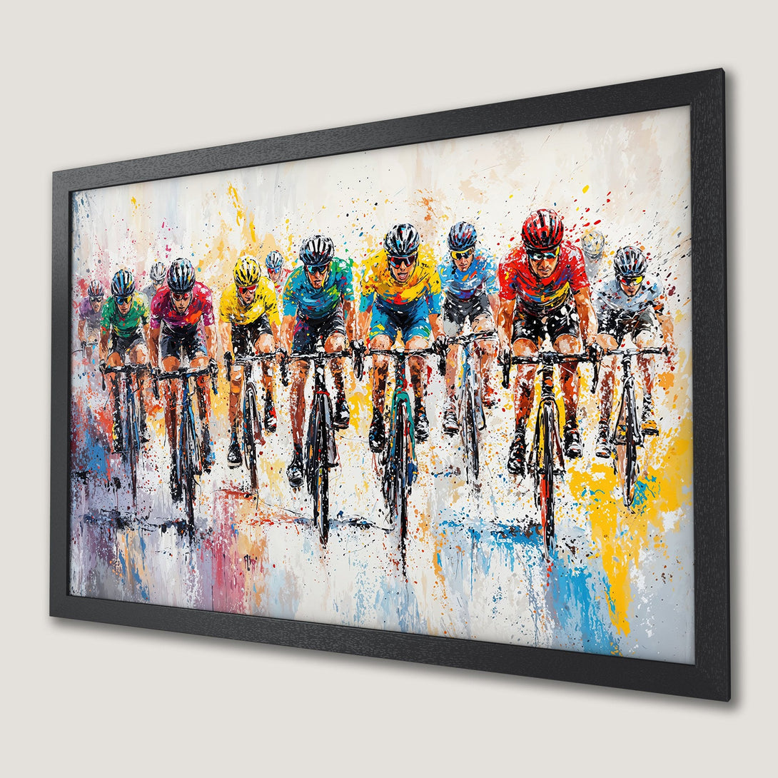 Framed Poster of cyclists in action, abstract style with vibrant colors. Perfect wall art for sports fans!