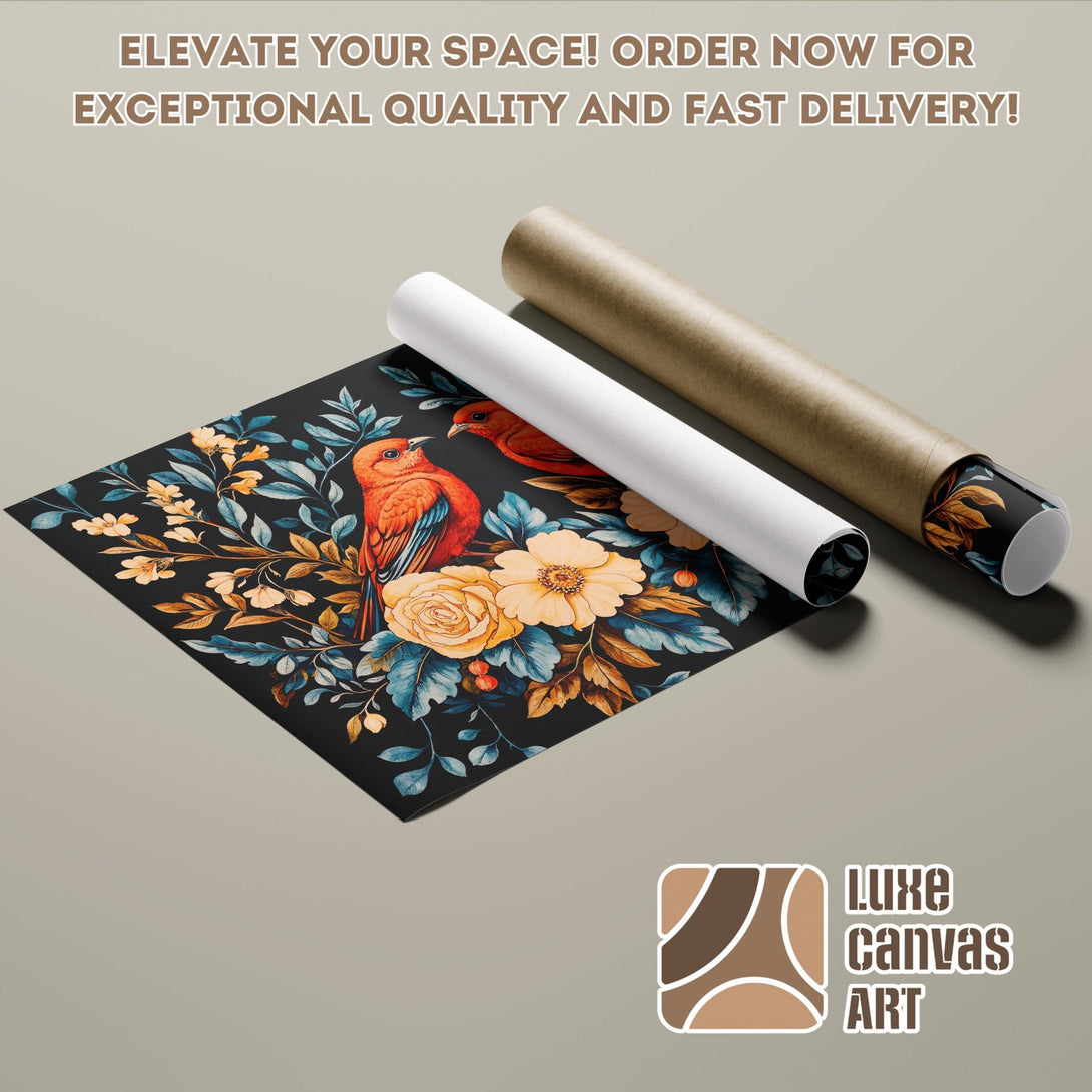 Floral bird art poster roll, watercolor style, with orange, blue, and gold color palette. Elevate your space!