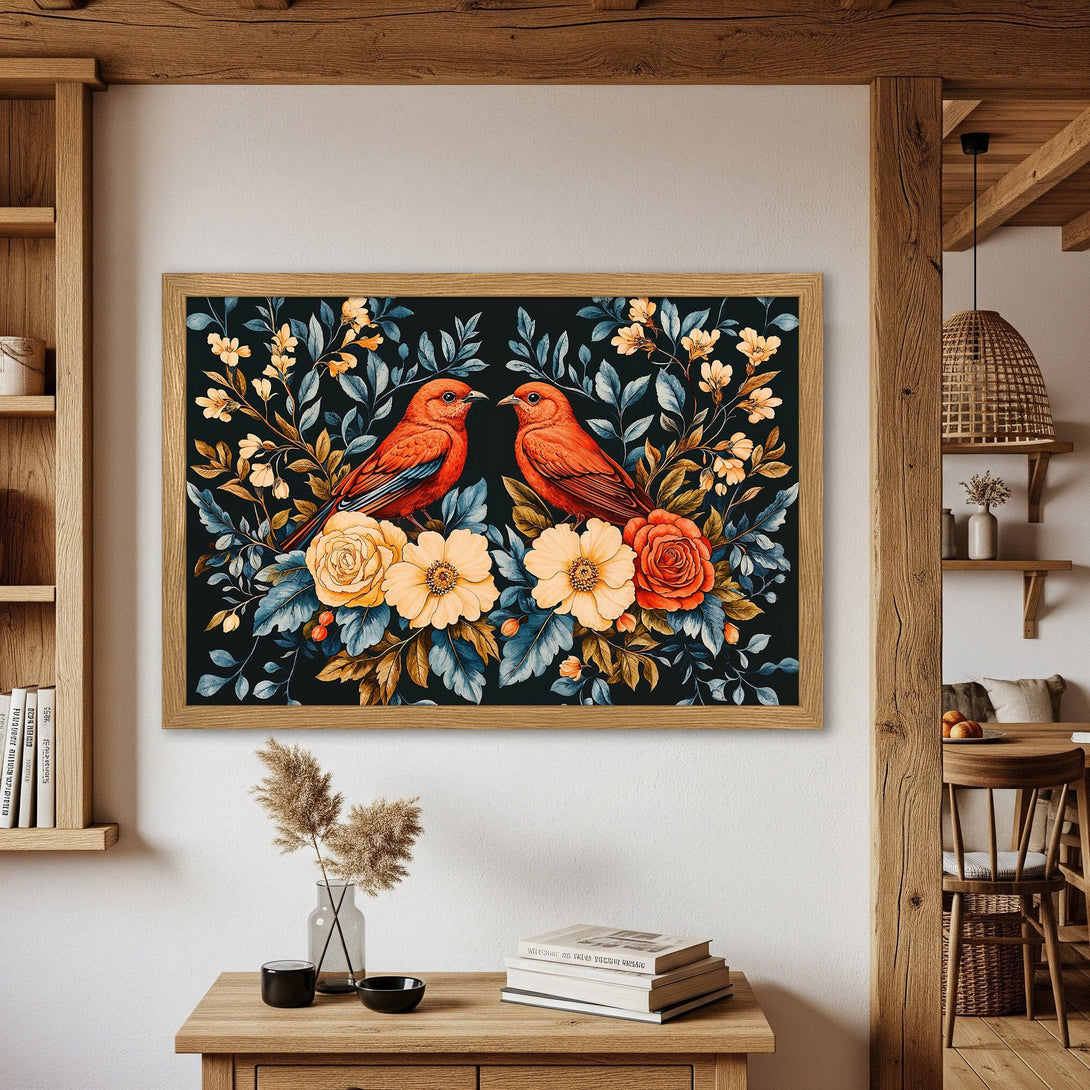 Framed Poster featuring vibrant birds & floral design. Rich colors on a dark background, perfect for adding a touch of nature to your home.