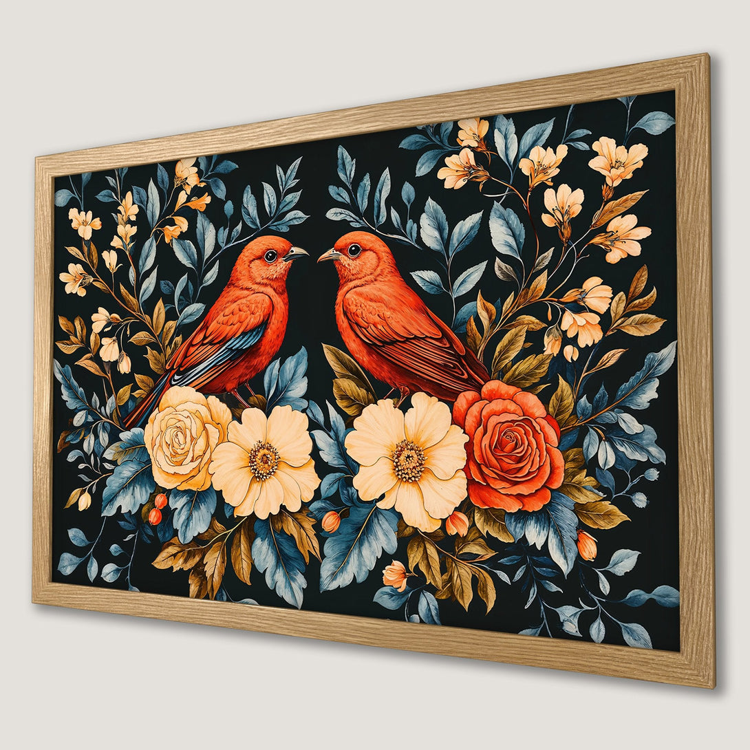 Framed Poster featuring vibrant birds and floral art in warm orange, yellow, and blue hues on a dark background. Perfect wall decor!