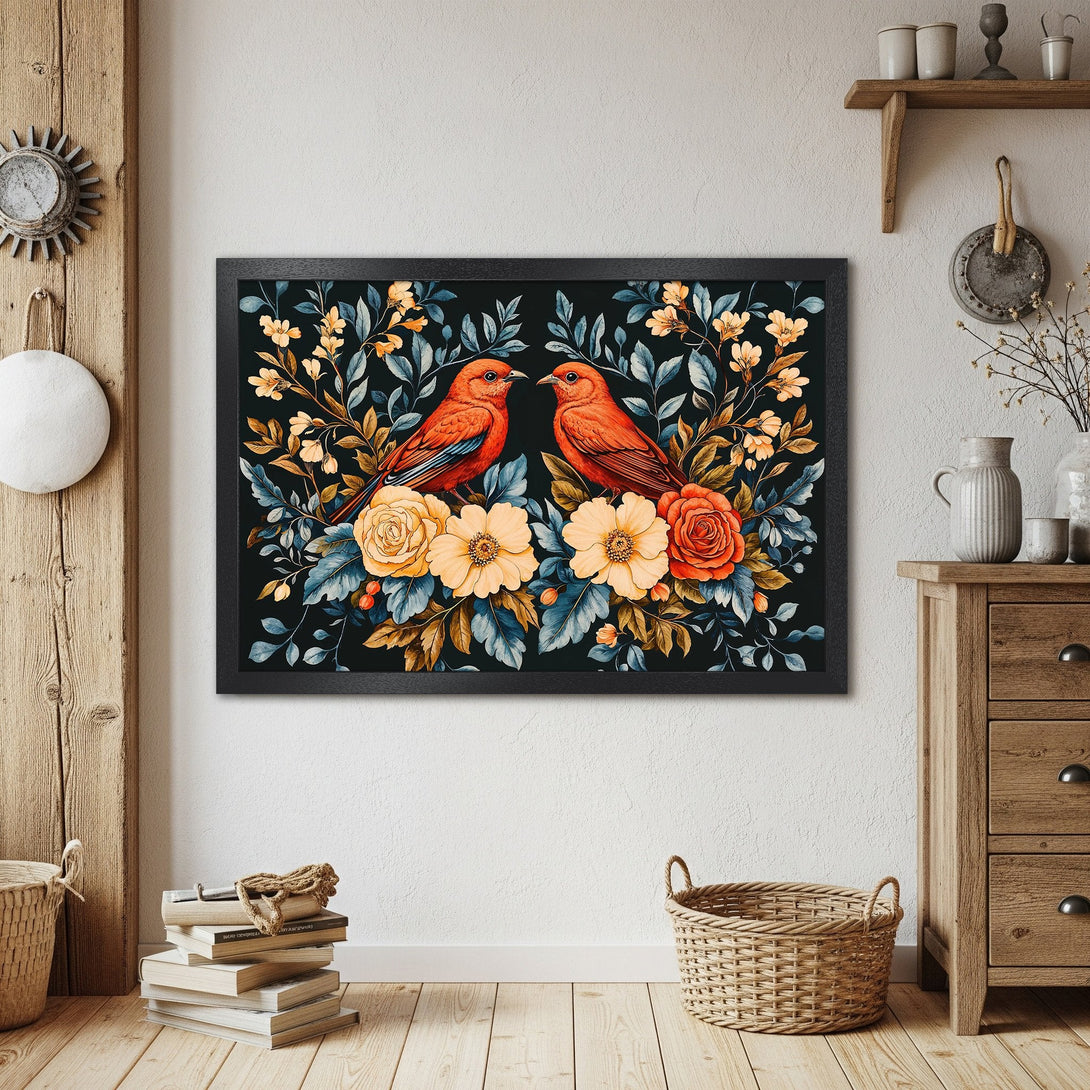 Framed Poster featuring birds & floral art. Rustic style with red, yellow, and blue hues on a black background. Perfect wall decor.