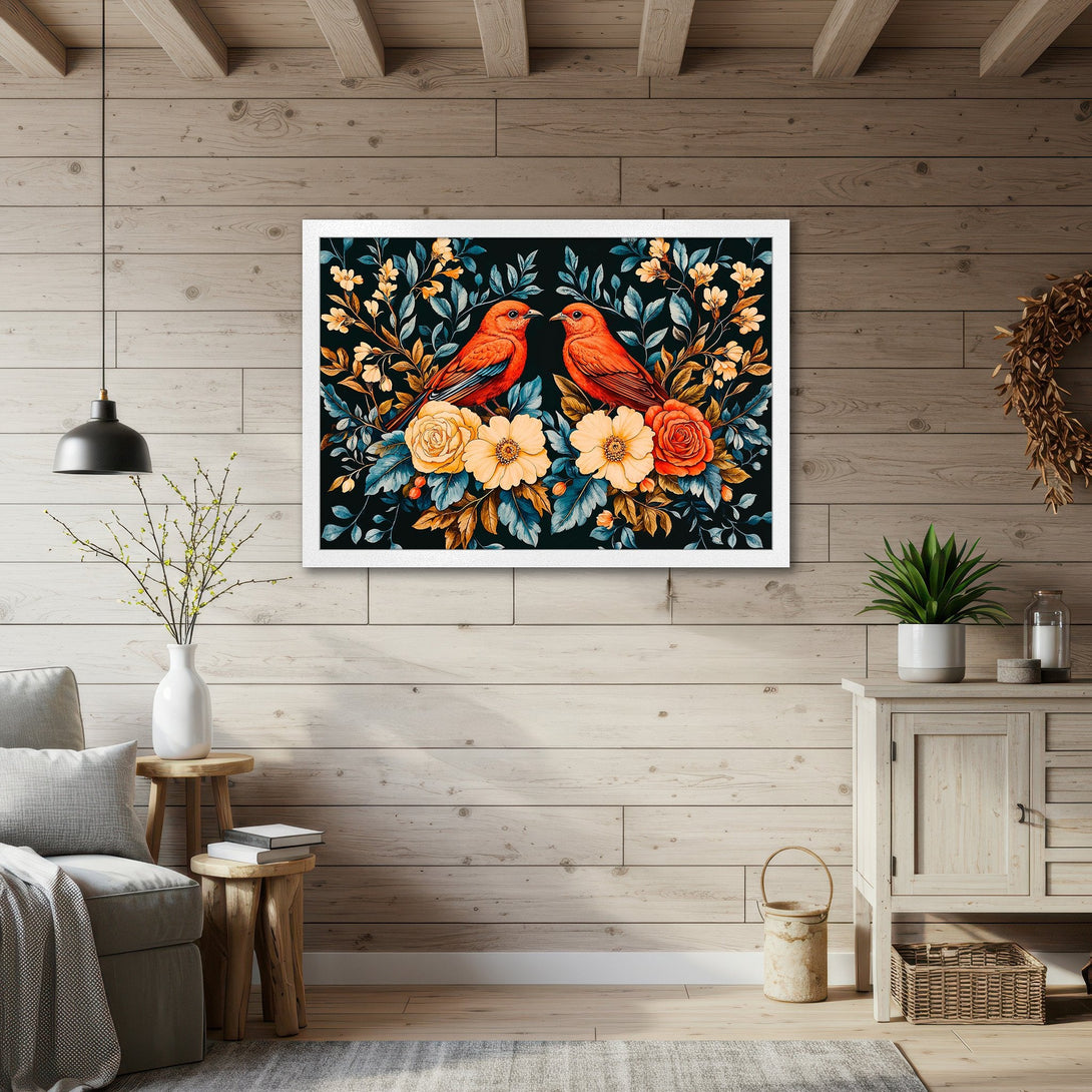Framed Poster featuring vibrant birds and floral art. Stylish, colorful decor with a warm palette. Perfect wall art for your home!