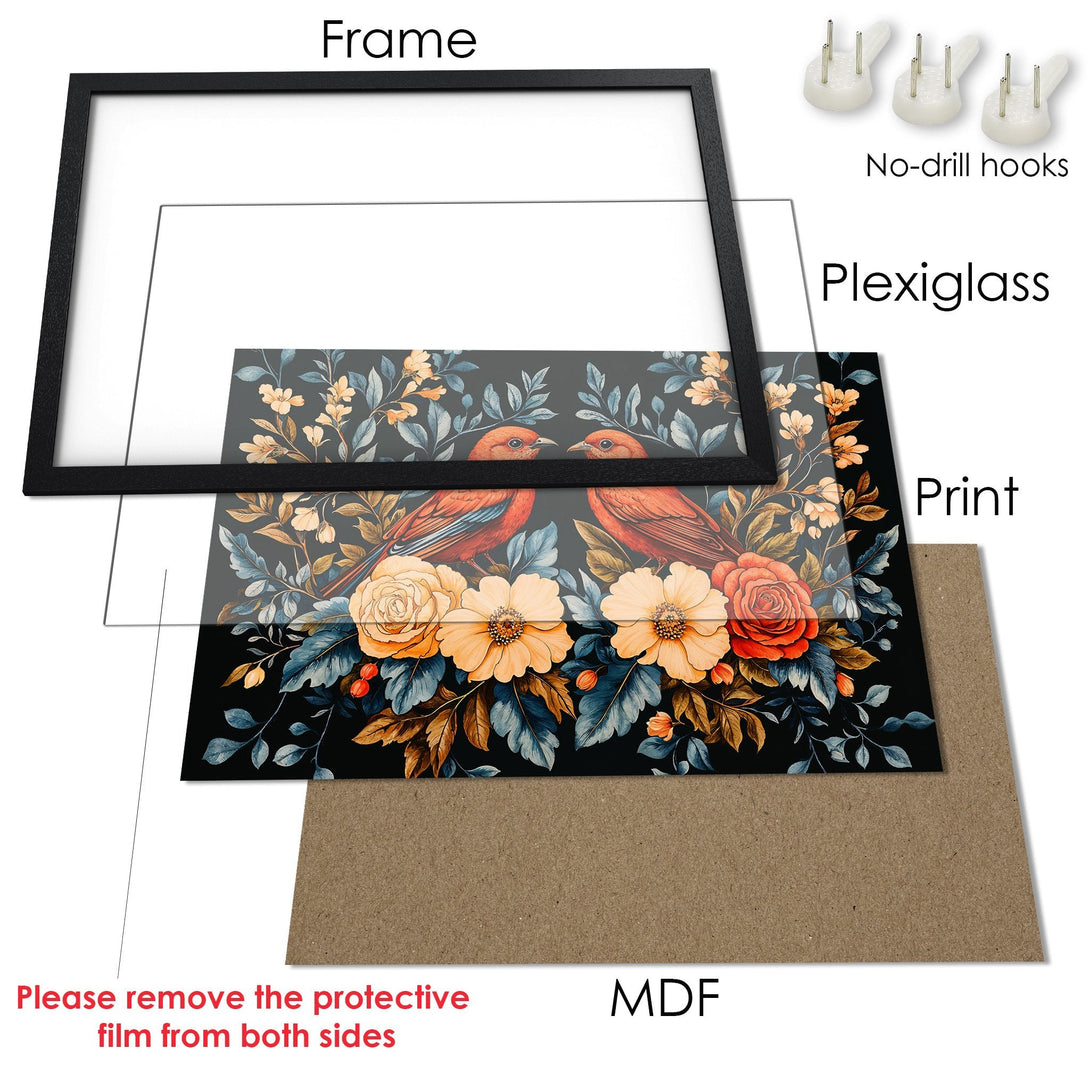 Framed Poster featuring floral artwork with birds, in a vintage style with a dark, warm color palette. Perfect wall art!