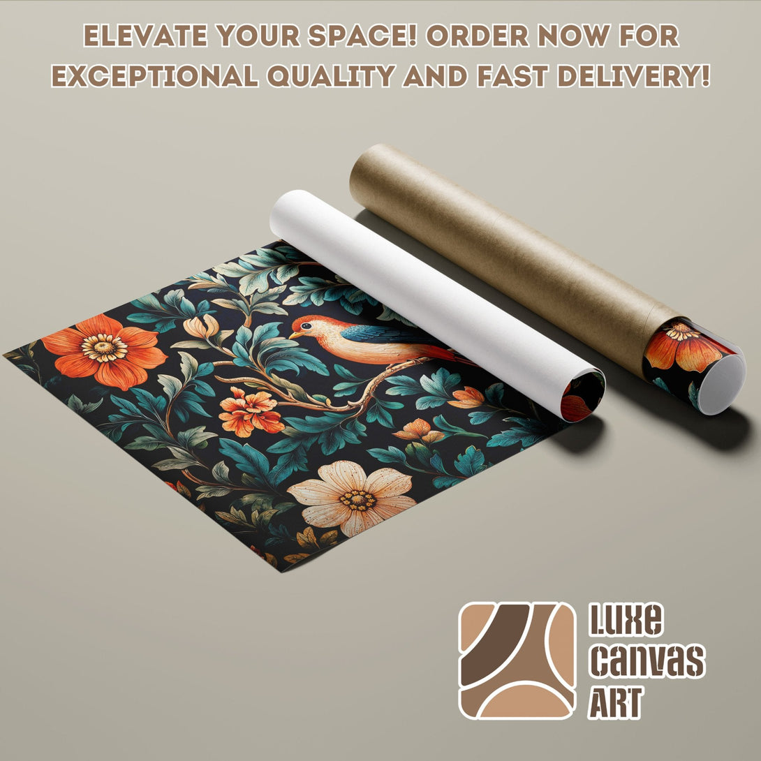 Floral Poster Roll with bird and flower design in dark, teal, and orange color palette.