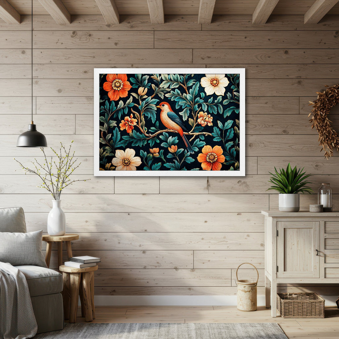 Framed Poster featuring a bird and floral design in a vintage style with a dark teal, orange, and cream color palette. Perfect wall decor.