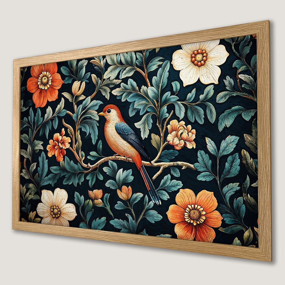 Framed Poster featuring a bird and floral design in a vintage style with a dark teal and orange color palette.