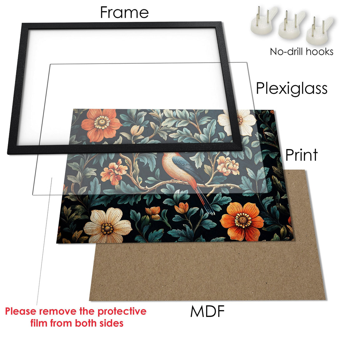 Framed Poster with floral and bird design. Featuring a dark, elegant color palette. Perfect wall art for any room.