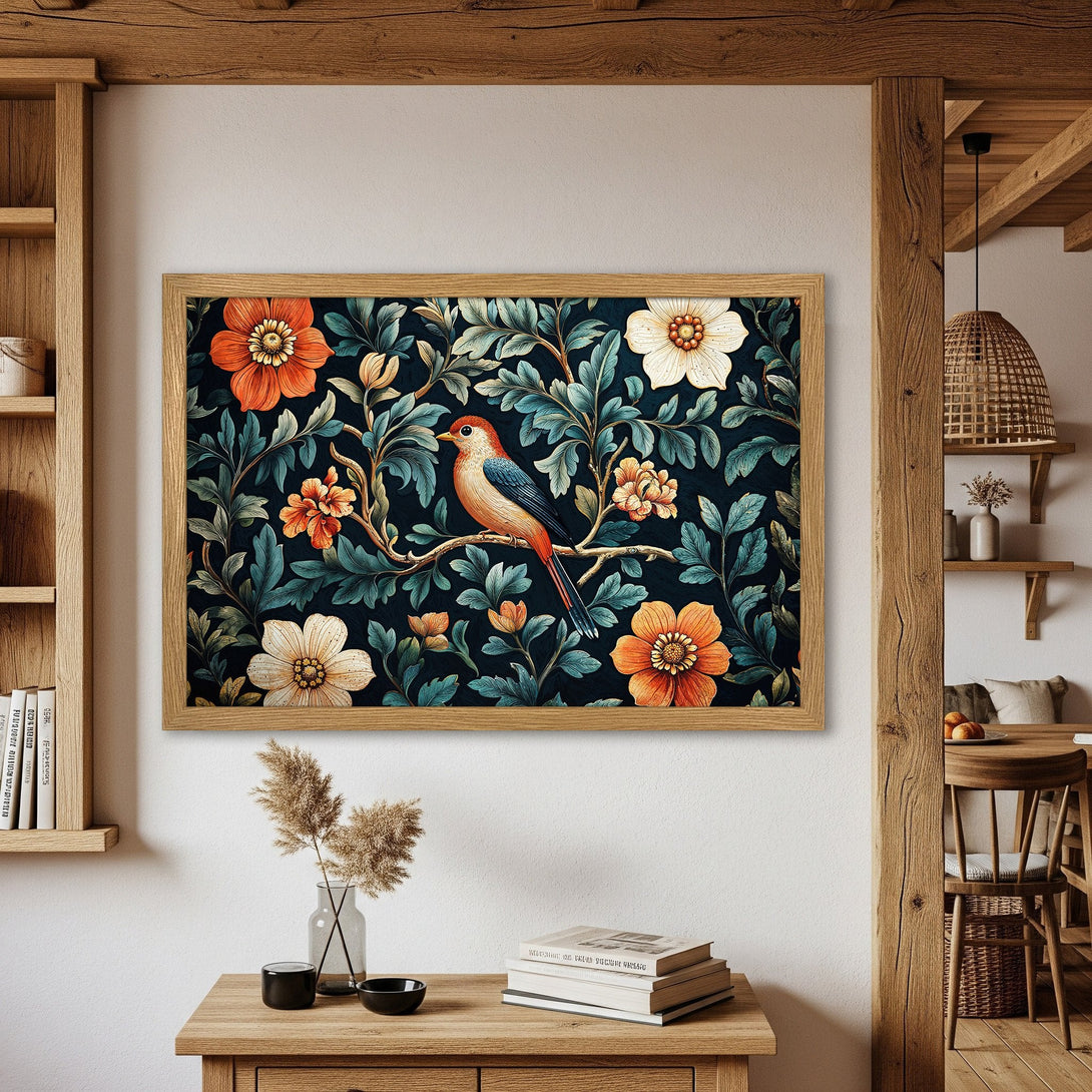 Framed Poster featuring a bird on a floral branch. Vintage style with a dark teal, orange, and cream color palette. Perfect wall art!