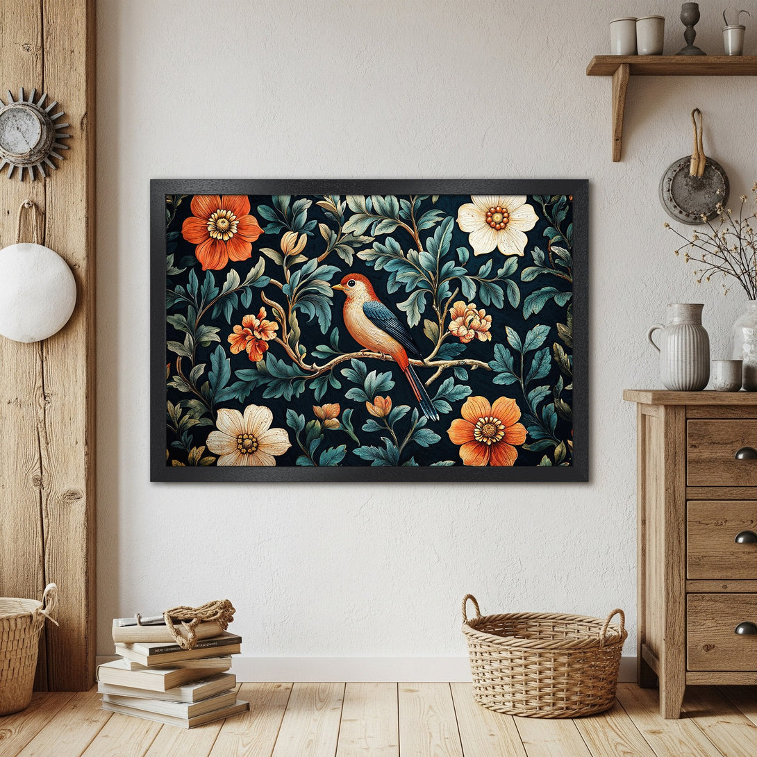 Framed Poster featuring a bird and floral design in a vintage style with a dark teal and orange color palette. Perfect wall art!