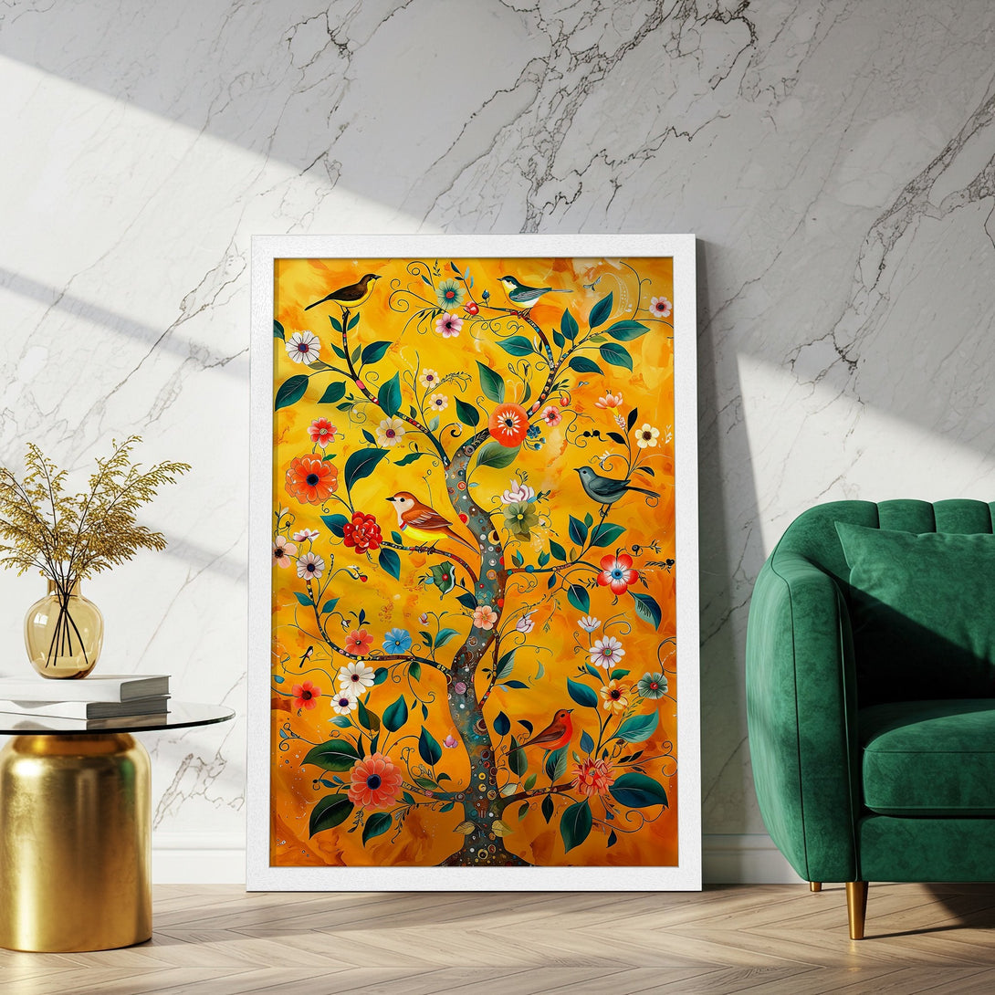 Framed Poster featuring a vibrant tree with birds and flowers, in a warm yellow, orange, and green color palette. Perfect wall art!