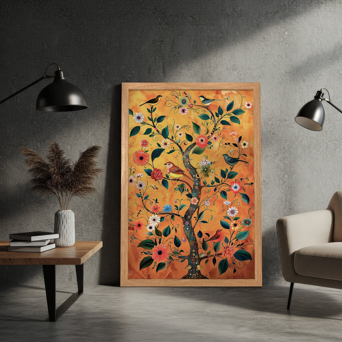 Framed Poster of a vibrant tree with birds and flowers, featuring an orange and yellow color palette, perfect wall art.