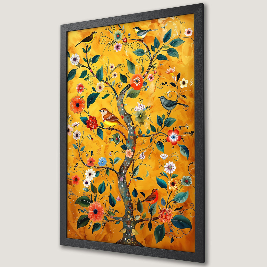 Framed Poster featuring a vibrant tree with birds and flowers, in a warm yellow and orange palette. Perfect wall art!