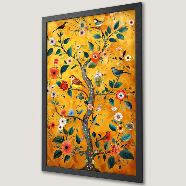 Framed Poster featuring a vibrant tree with birds and flowers, in a warm yellow and orange palette. Perfect wall art!