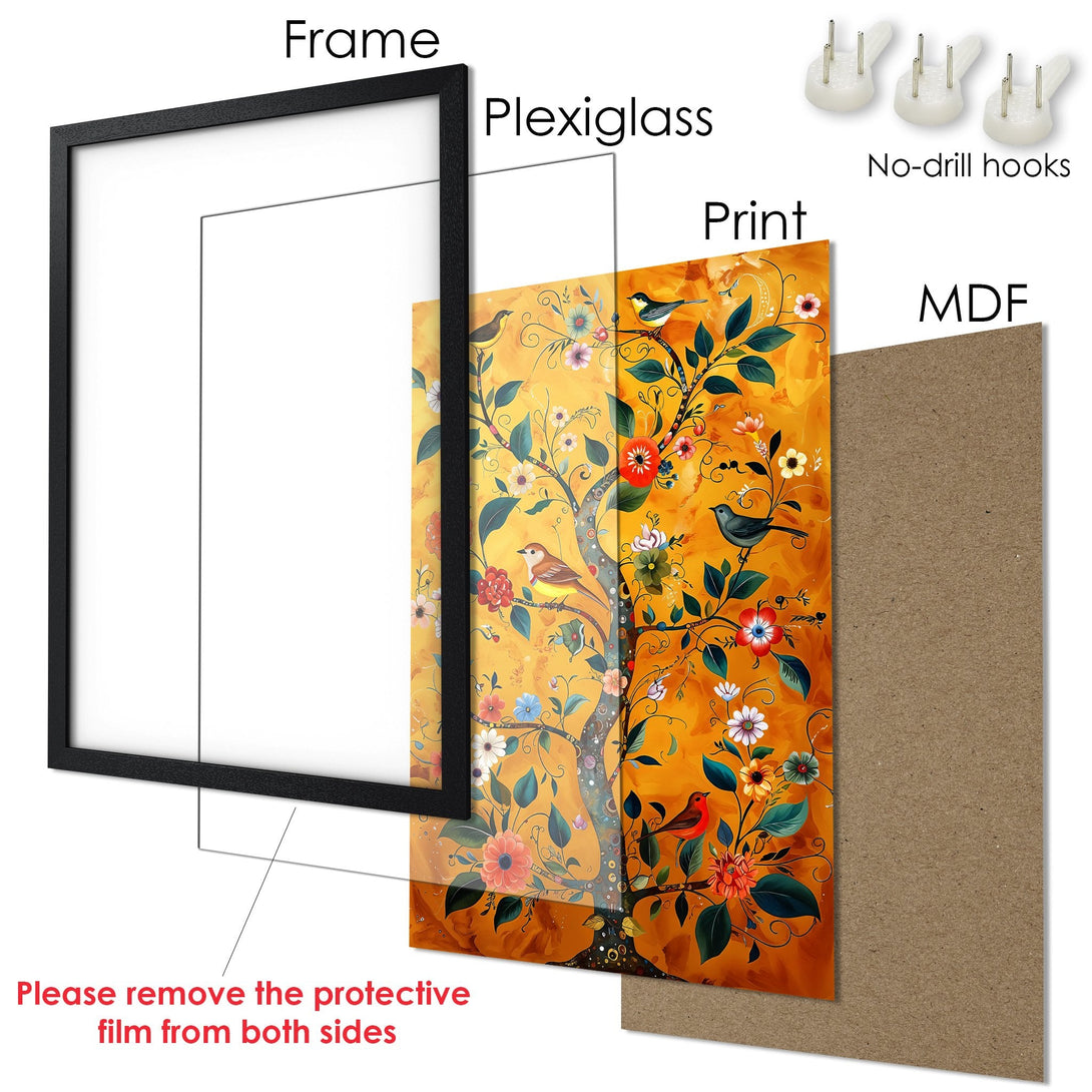 Framed Poster featuring a vibrant floral and bird design in a warm, orange and yellow color palette. Perfect wall art!