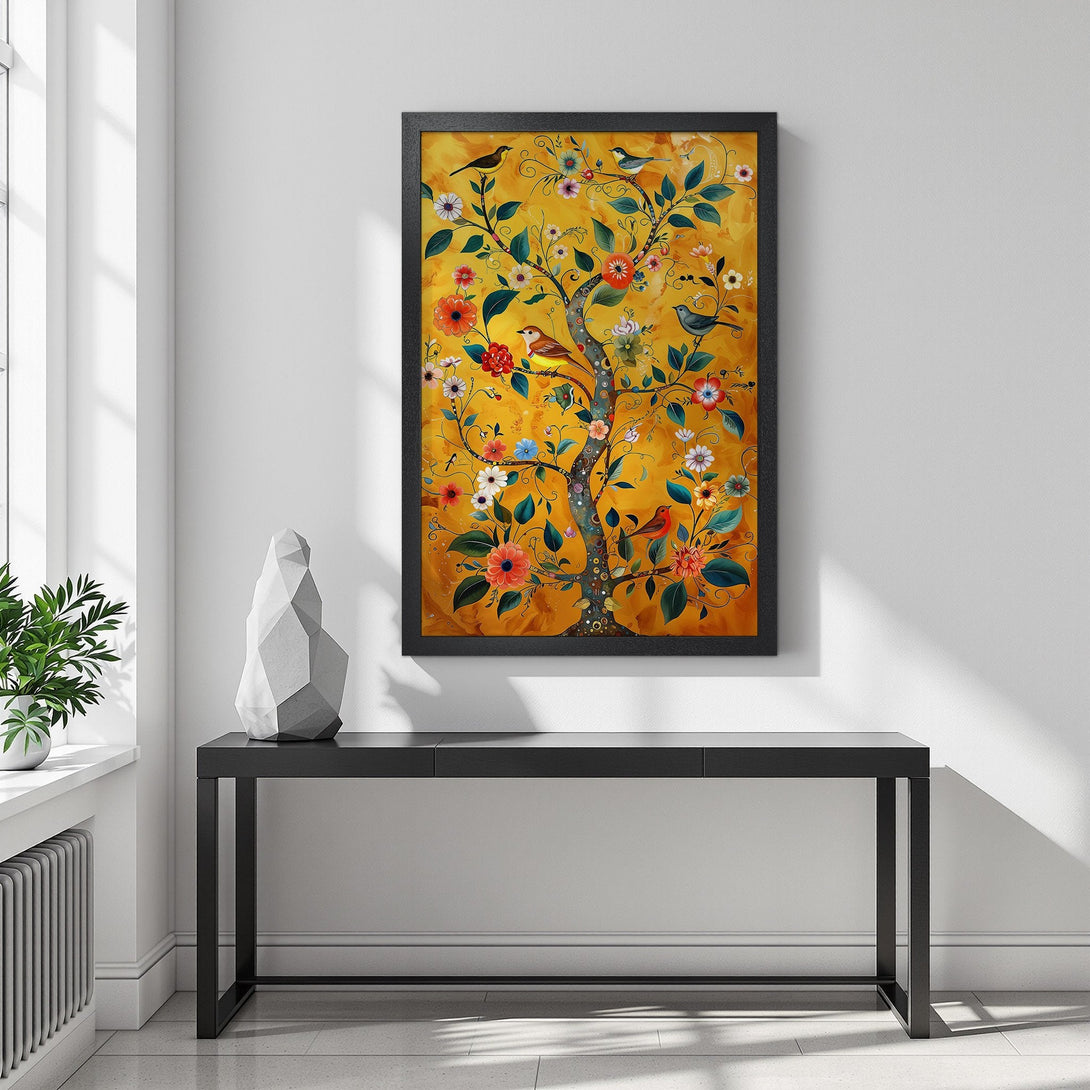 Framed Poster featuring a vibrant tree with birds and flowers, warm yellow and orange tones, perfect wall art for your home.