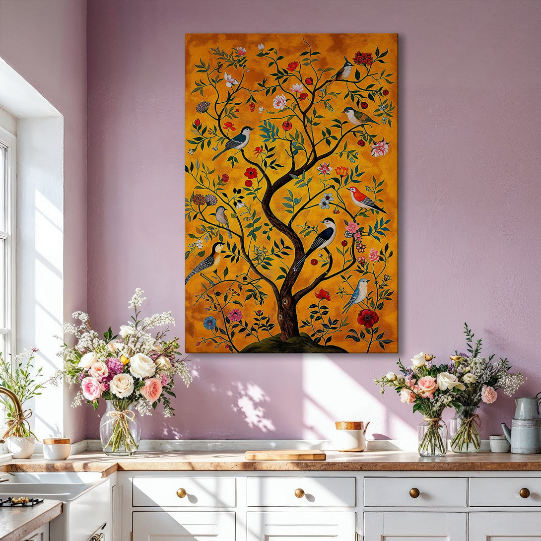 Framed Wall Art: Colorful birds on a tree painting. Warm, golden yellow background with pops of red, blue, and green. Adds elegance to any living room.