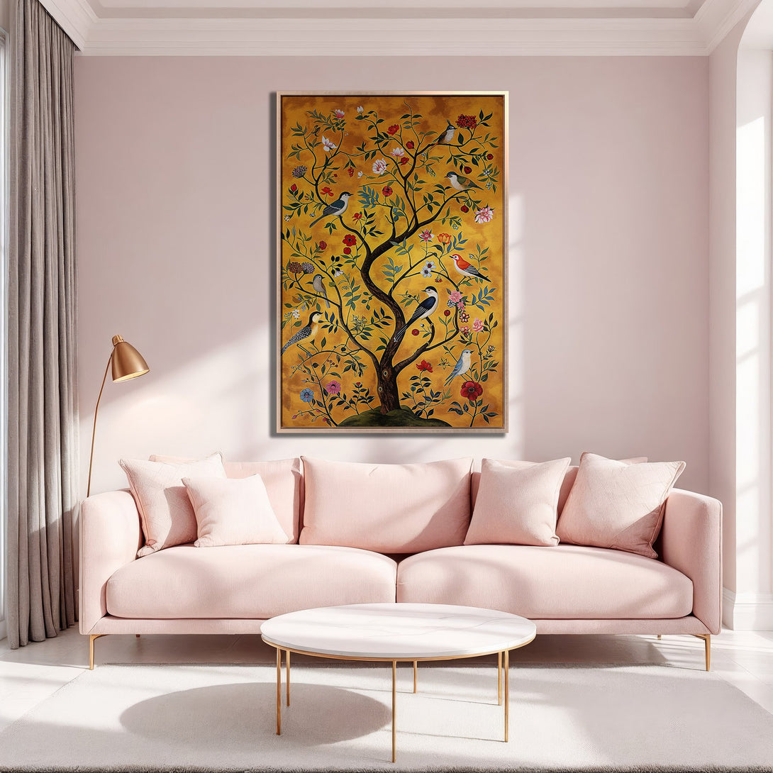 Framed Wall Art featuring a vibrant tree with birds, in a warm gold and pink color palette, adding a touch of elegance to any space.