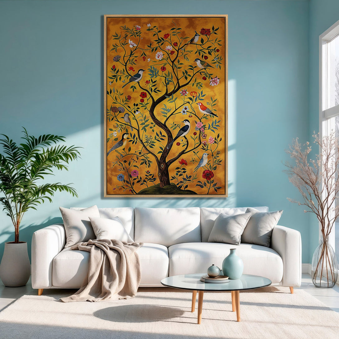 Framed Wall Art: Stunning tree of life Canvas Print with birds, floral details, and a warm gold palette, perfect for adding elegance to your living space.