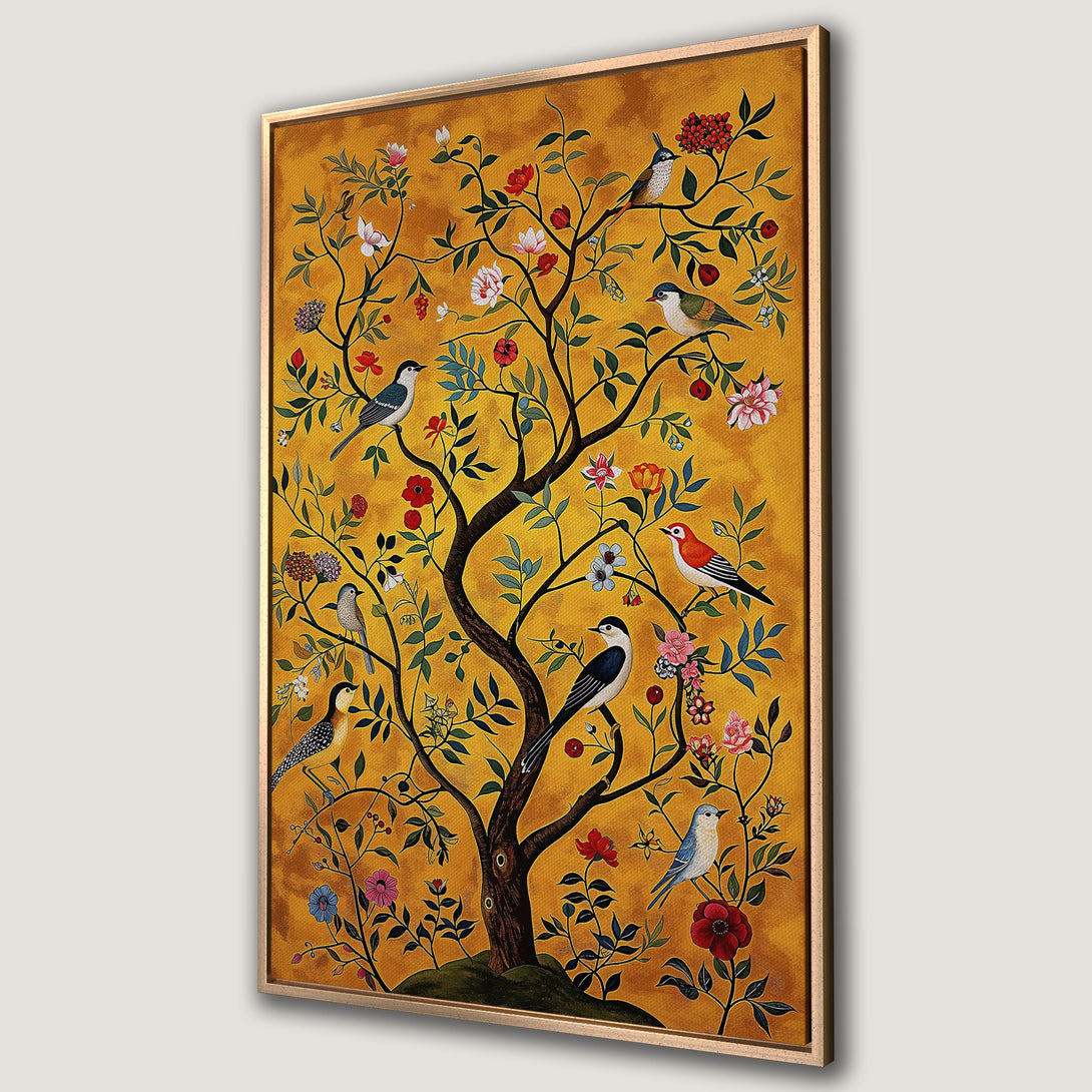 Framed Wall Art featuring a vibrant tree with birds and flowers on a golden background. Adds a touch of nature and color to any space.