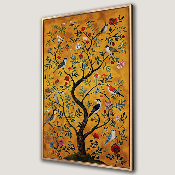 Framed Wall Art featuring a vibrant tree with birds and flowers on a golden background. Adds a touch of nature and color to any space.