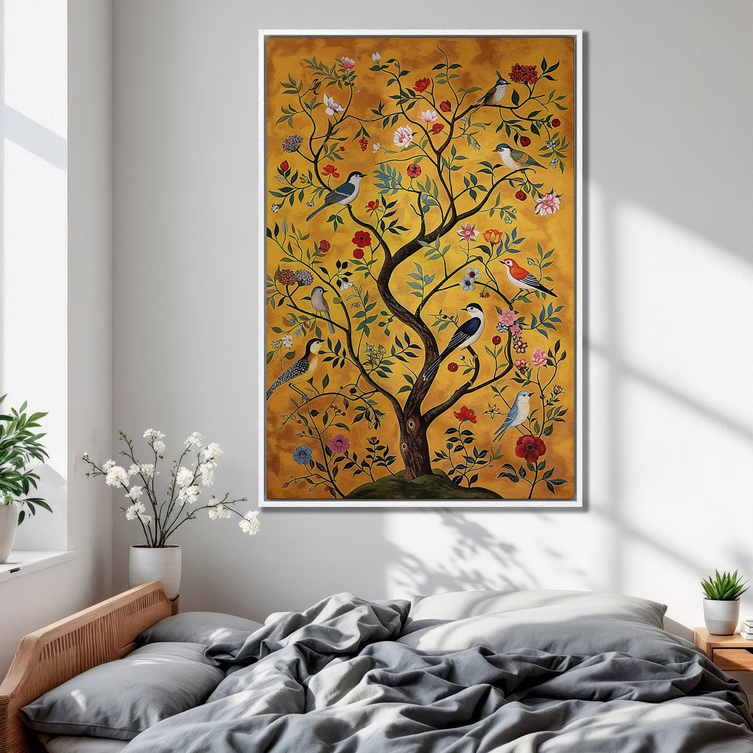 Framed Wall Art featuring a vibrant tree with birds and flowers on a golden background. Adds a pop of color & artistic flair to any room.