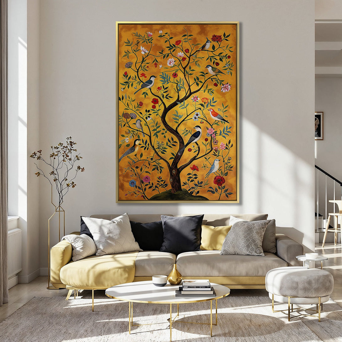 Canvas Print of a tree with birds, in a whimsical style. Features a warm yellow and orange color palette, perfect for kitchen wall art.