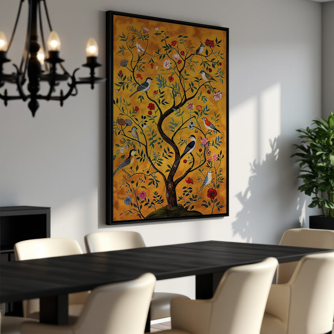 Framed Wall Art featuring a vibrant tree with birds, in a botanical style with a warm yellow, red, and green color palette. Perfect for adding a touch of nature.