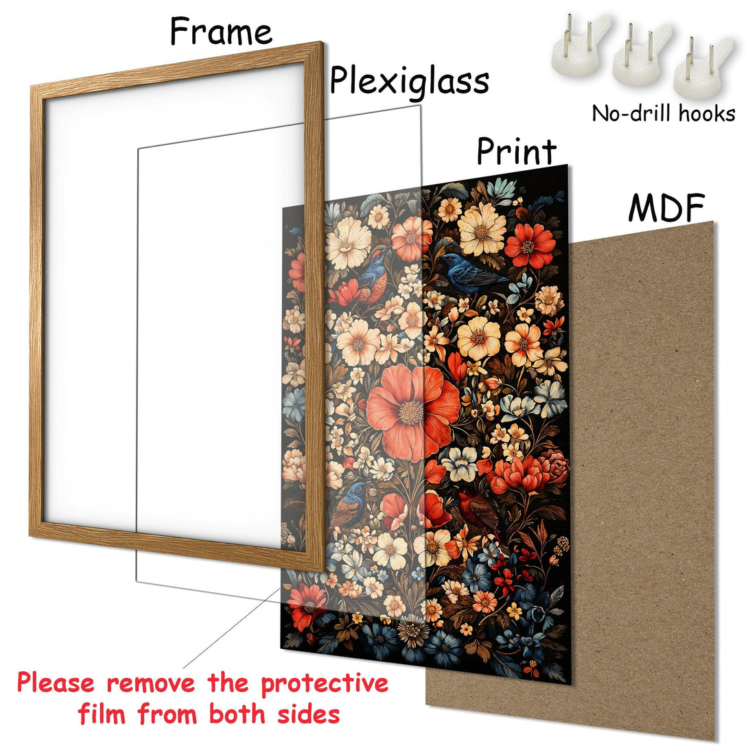 Framed Poster featuring a floral design with birds, in a vintage style, rich colors. Perfect wall art for any room!