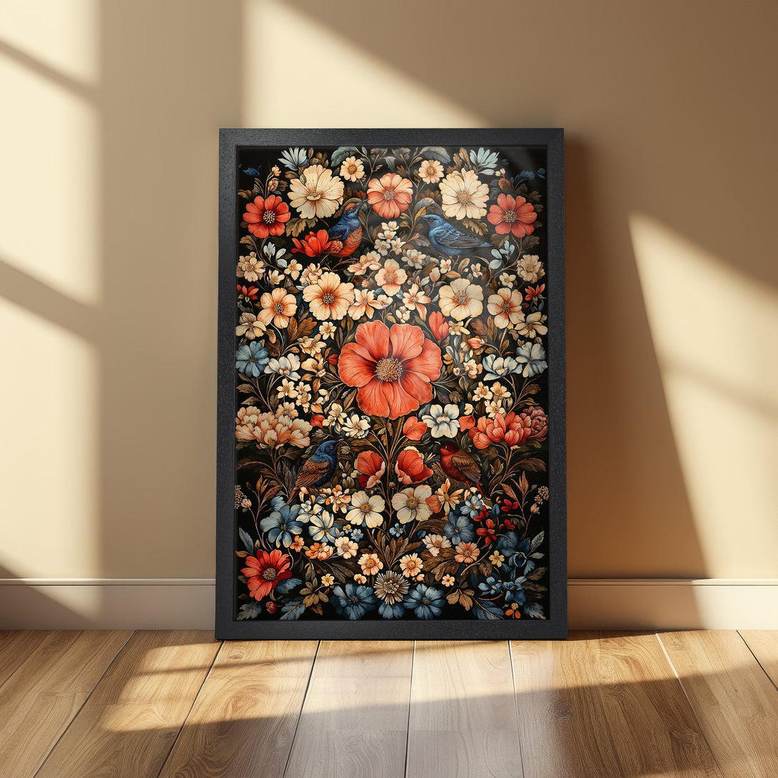 Framed Poster featuring a vibrant floral design with birds, in a rich red, blue, and cream color palette. Perfect wall art!
