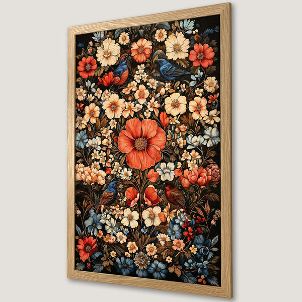 Framed Poster featuring a vibrant floral design with birds, in a vintage style with a warm, dark color palette. Perfect wall art!