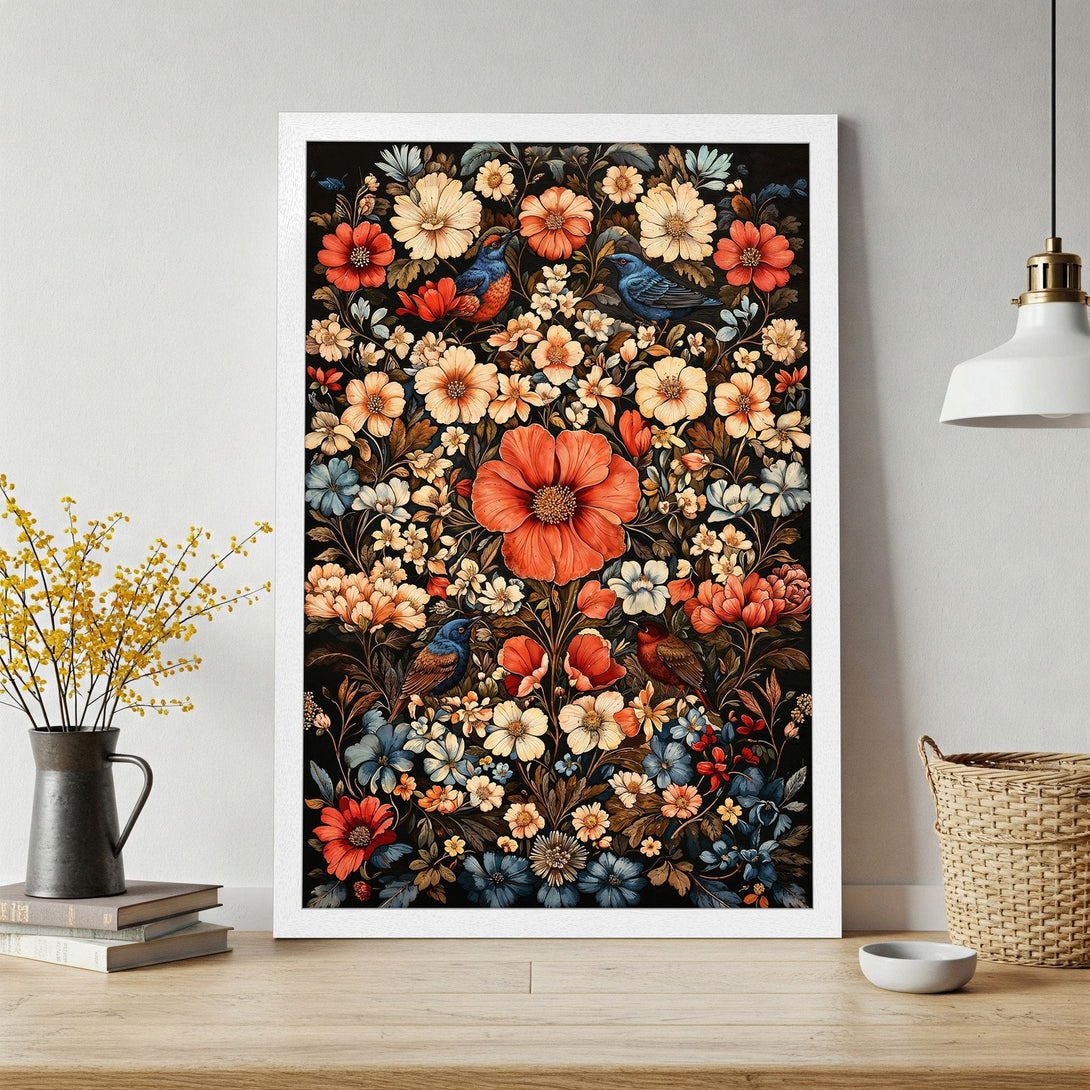 Framed Poster featuring a floral design with birds. Vintage style with warm, rich colors of red, orange, and blue on a black background.