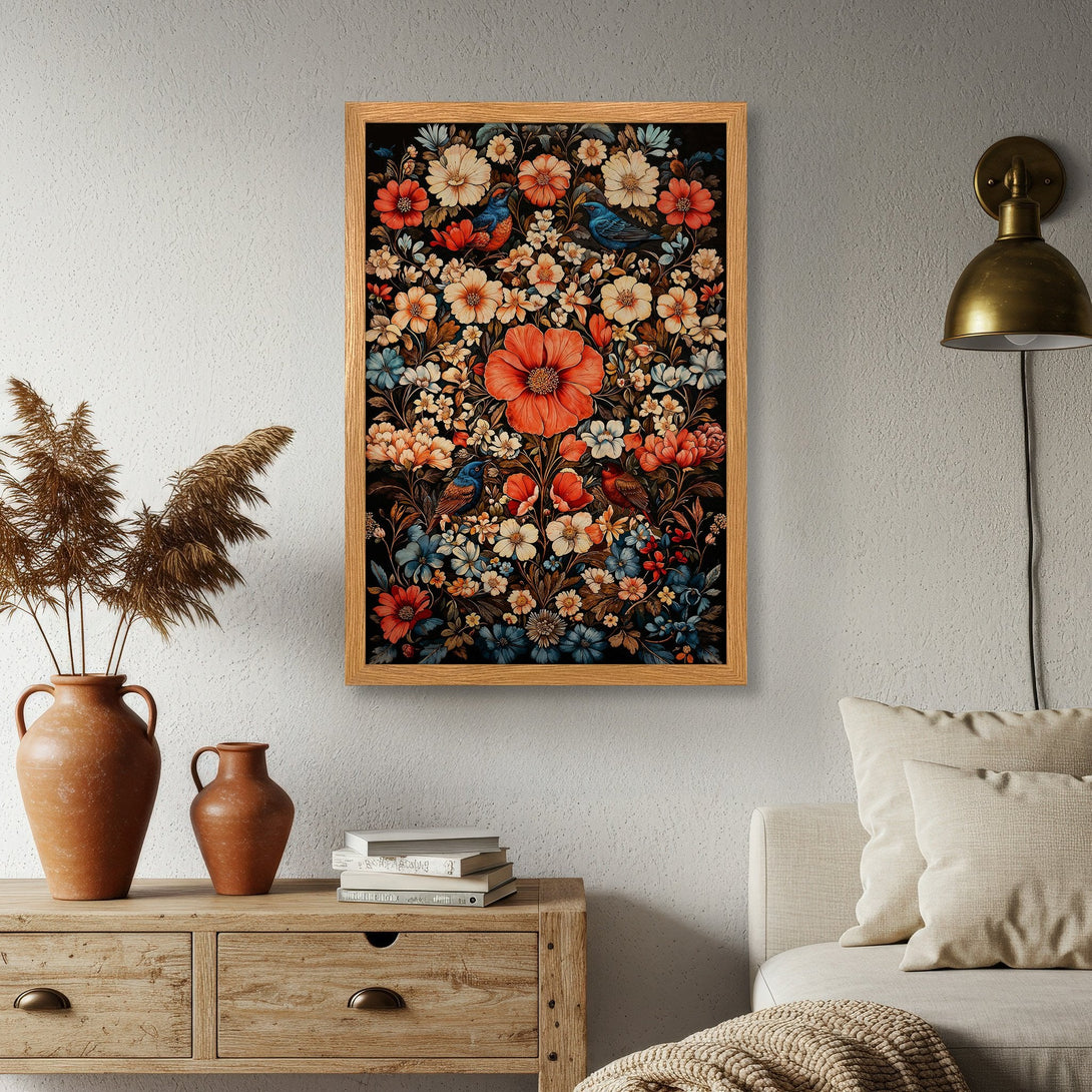 Framed Poster featuring a vibrant floral design with birds. Warm, earthy tones and a touch of blue create a cozy, artistic feel.