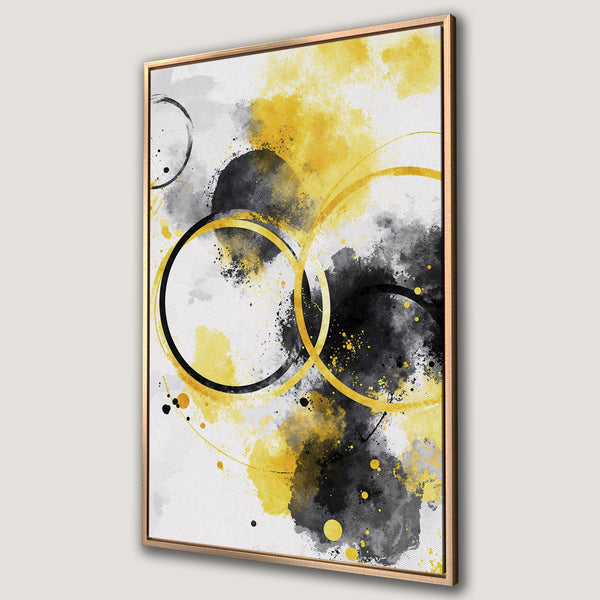 Framed Wall Art: Abstract art Canvas Print with yellow, black, and gray watercolor circles. Modern, stylish wall decor for any room. Shop now!