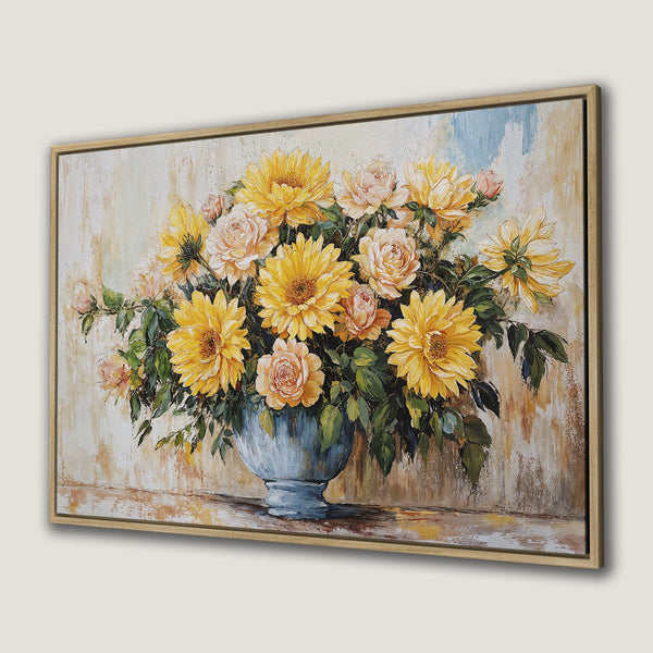 Framed Wall Art: Stunning floral Canvas Print featuring yellow sunflowers and roses in a blue vase. Warm, inviting color palette perfect for any room.