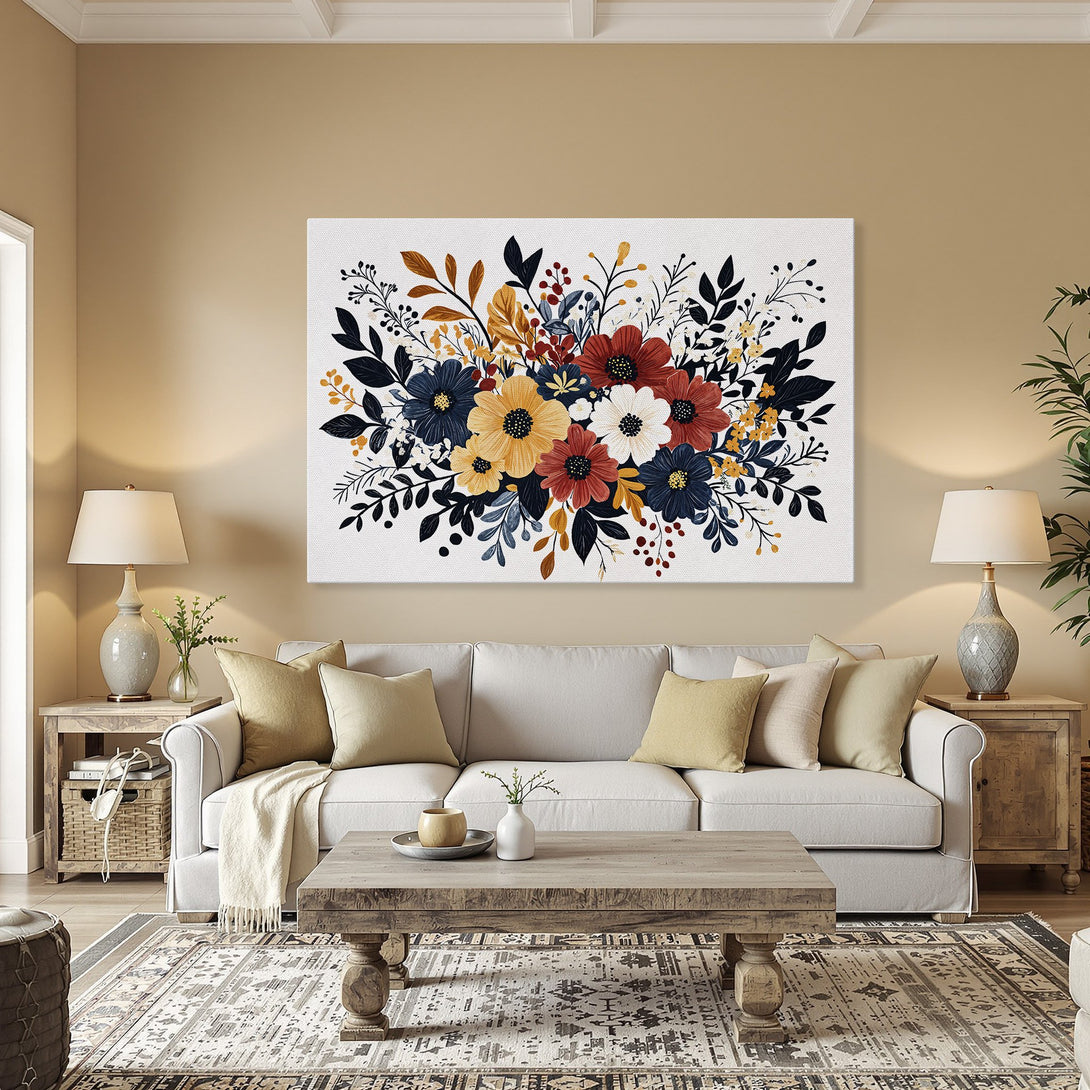 Framed Wall Art: Floral Canvas Print with vibrant red, yellow, and blue flowers. Adds a touch of elegance and color to any room.