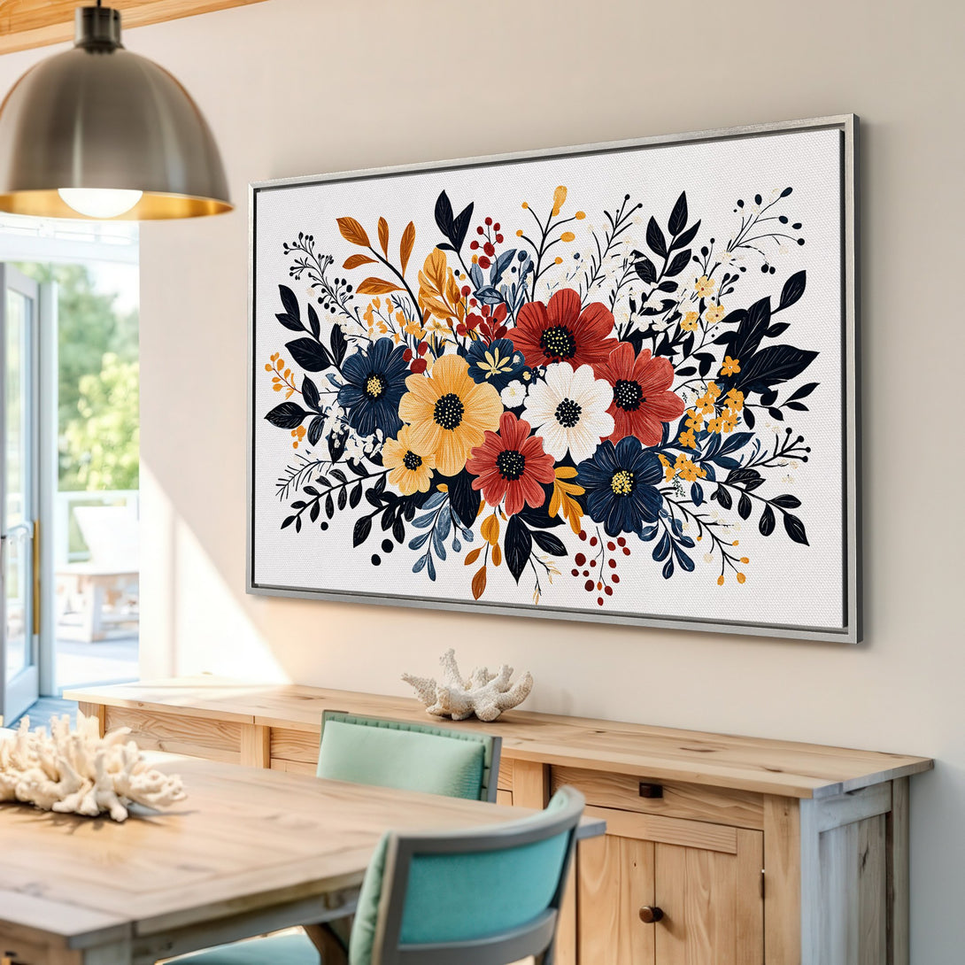 Framed Wall Art featuring a vibrant floral bouquet. Modern style with a warm color palette of red, blue, and yellow. Perfect for home decor!